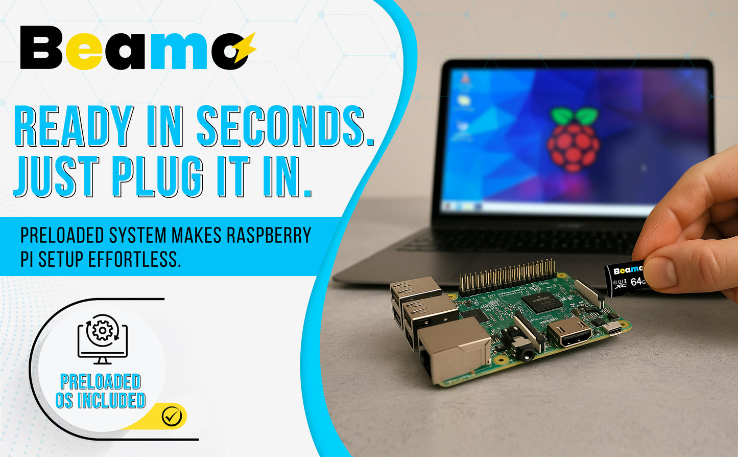 Beamo Preloaded 64GB Raspberry Pi OS [U3 Class 10 Speed] MicroSD Card Compatible with All Raspberry Pi Series 5, 500, 400, 4B, 3B, 3B+, 3A+, Zero 2 W, CM, Great For Easy Raspberry Pi OS Setup 64 Bit