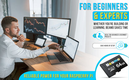 Beamo Preloaded 64GB Raspberry Pi OS [U3 Class 10 Speed] MicroSD Card Compatible with All Raspberry Pi Series 5, 500, 400, 4B, 3B, 3B+, 3A+, Zero 2 W, CM, Great For Easy Raspberry Pi OS Setup 64 Bit