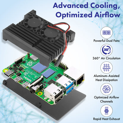 Beamo Dual Fan and Heatsink Aluminum Cooling Case for Raspberry Pi 5, Metal Performance Enhancer with Active Cooling and Efficient Heat Dissipation for Raspberry Pi 5 Board