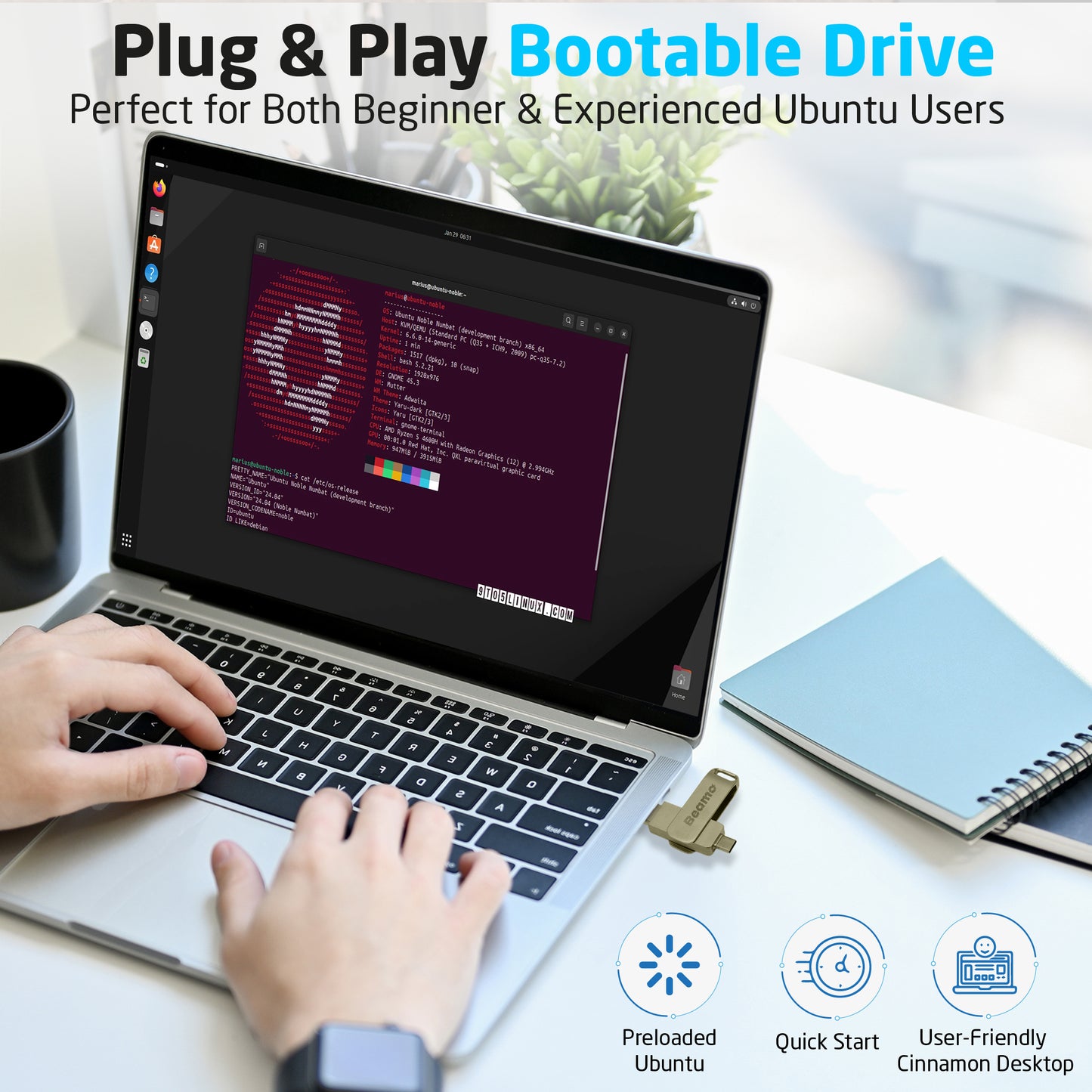 Beamo Ubuntu Desktop 24.04.3 LTS (Very Latest Release) 64-bit Bootable USB Flash Drive, Live USB for Installing and Repairing Ubuntu Desktop
