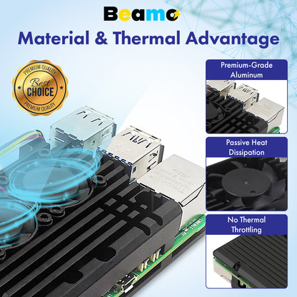 Beamo Dual Fan and Heatsink Aluminum Cooling Case for Raspberry Pi 5, Metal Performance Enhancer with Active Cooling and Efficient Heat Dissipation for Raspberry Pi 5 Board