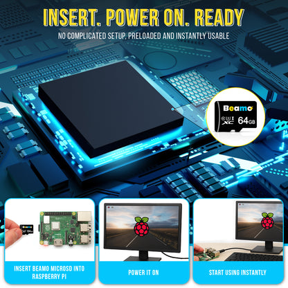 Beamo Preloaded 64GB Raspberry Pi OS [U3 Class 10 Speed] MicroSD Card Compatible with All Raspberry Pi Series 5, 500, 400, 4B, 3B, 3B+, 3A+, Zero 2 W, CM, Great For Easy Raspberry Pi OS Setup 64 Bit